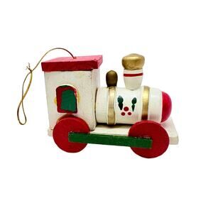 Vintage Wood Christmas Ornament Train Painted White Red Green 3" long